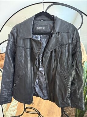 GUESS Black Leather Asymmetric Zip Moto Jacket